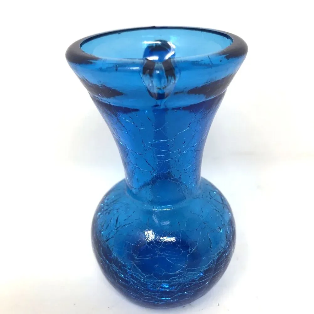 VTG Crackle Glass Mini Pitchers & Vase Hand Blown Art Glass Blue Red Lot of 3